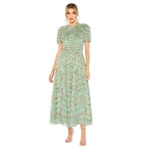 Mac Duggal Green Ruffled Midi Dress